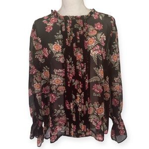 Boutique Sheer Floral Long Sleeve Pleated Front Blouse NWOT